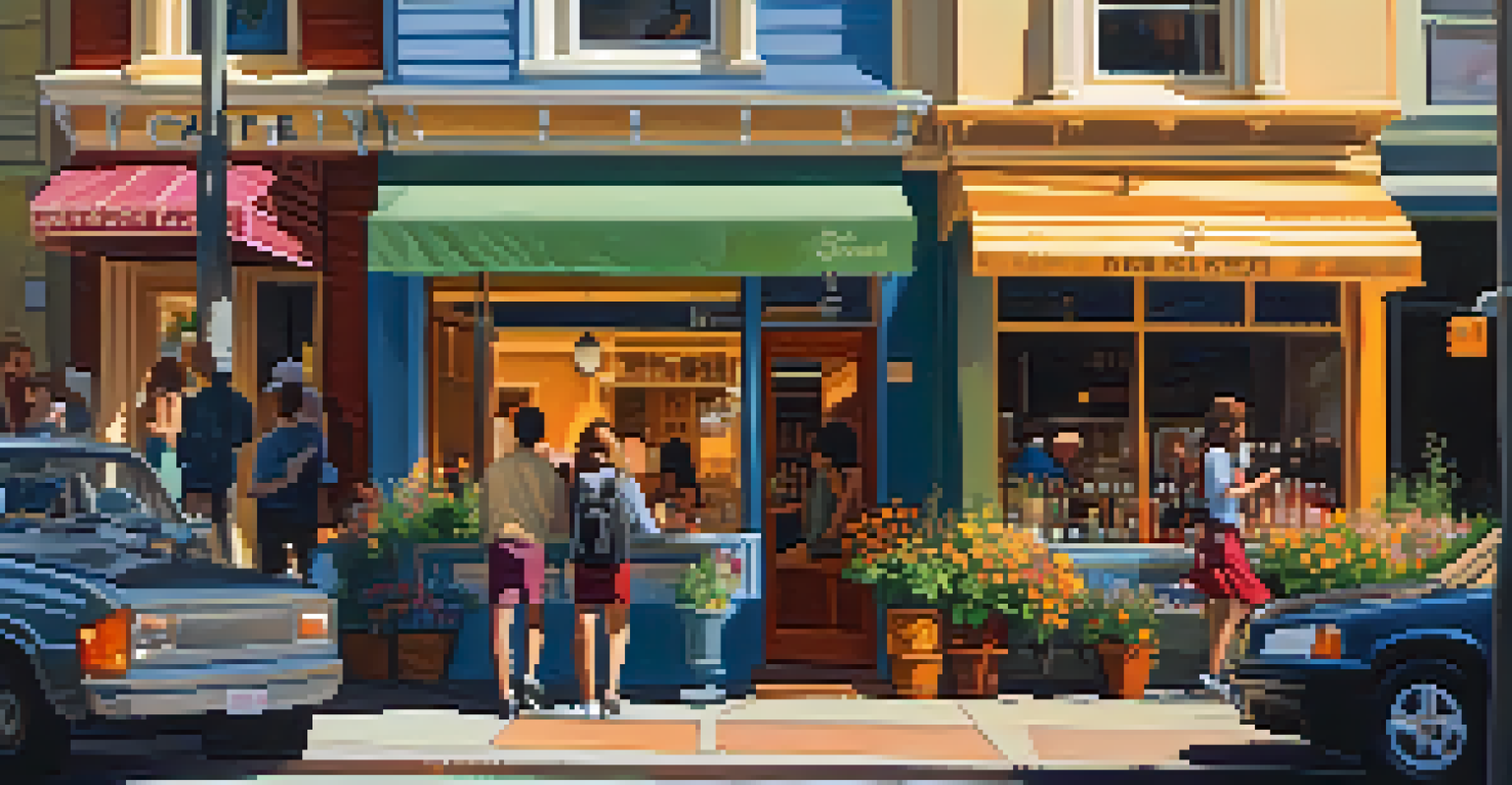 Friends enjoying a coffee crawl in a scenic San Francisco street with various cafes.