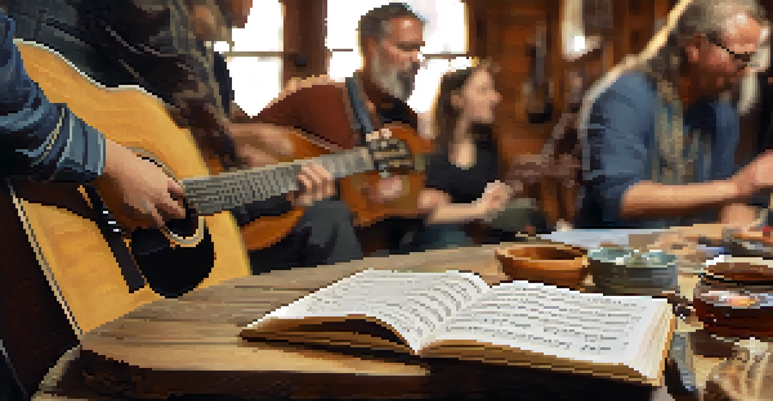 Close-up of hands playing a guitar next to a notebook filled with lyrics, with a diverse group in the background sharing stories during a folk music workshop.