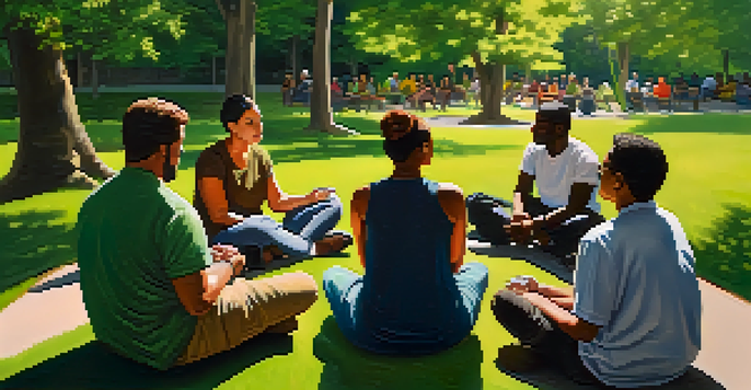 A diverse group of individuals in a park setting, engaged in a mental health support group meeting, with trees and sunlight creating a peaceful atmosphere.