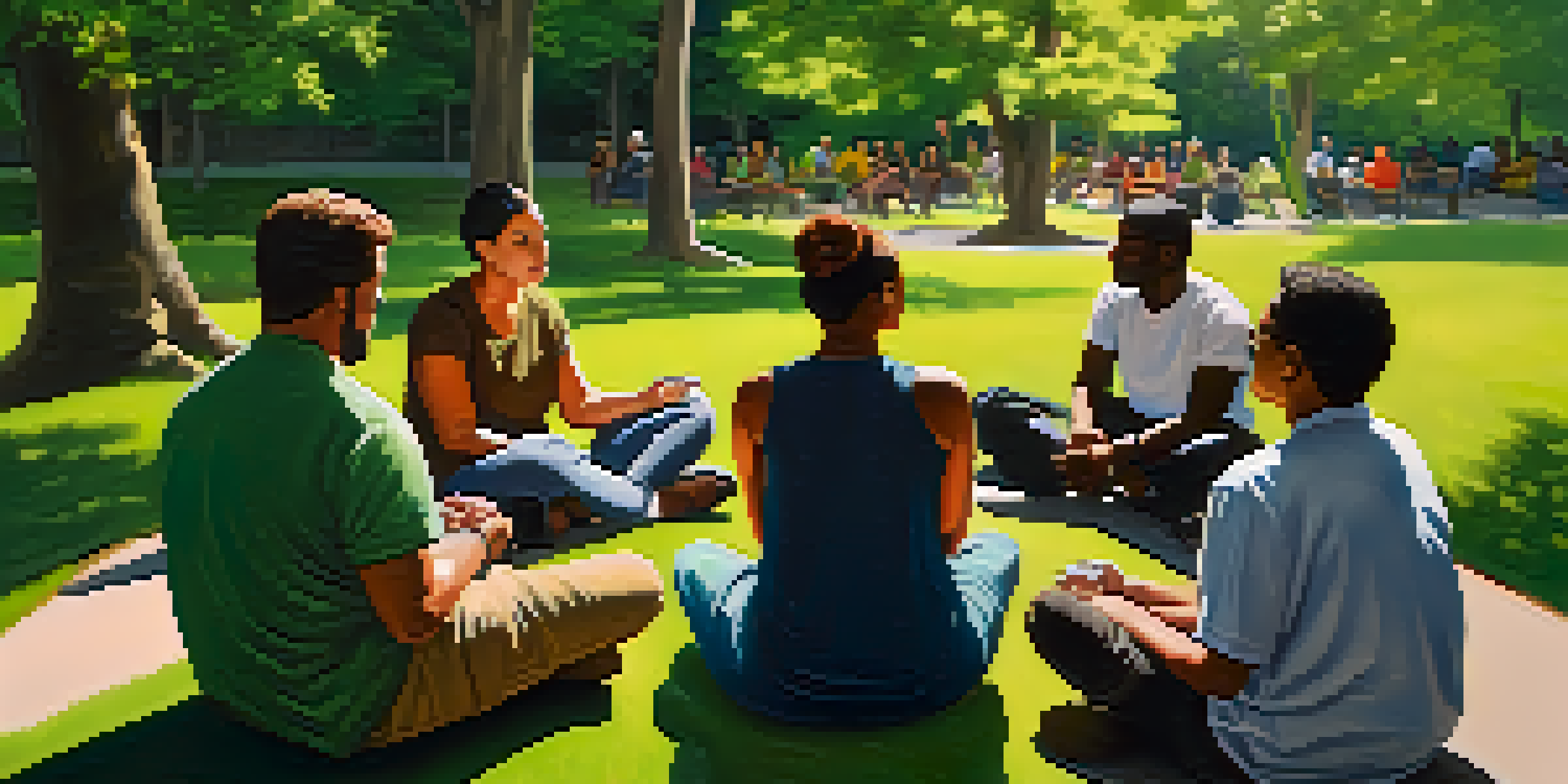A diverse group of individuals in a park setting, engaged in a mental health support group meeting, with trees and sunlight creating a peaceful atmosphere.