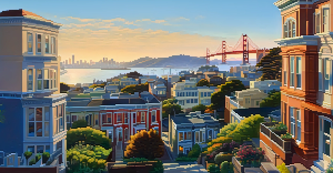 A colorful sunset over San Francisco, featuring the Golden Gate Bridge and a community garden in the foreground.