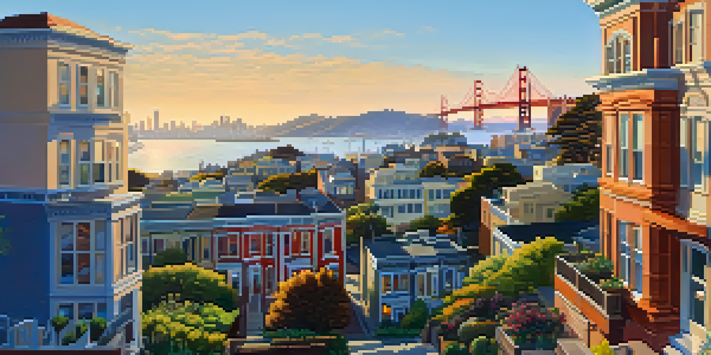 A colorful sunset over San Francisco, featuring the Golden Gate Bridge and a community garden in the foreground.