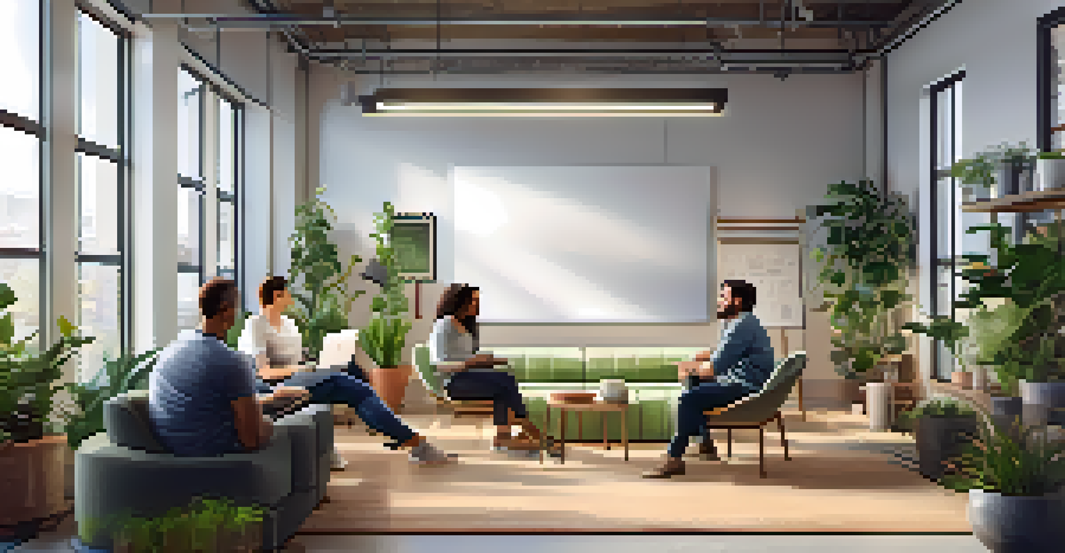 An inviting startup workspace with collaborative areas, natural light, and people brainstorming together.