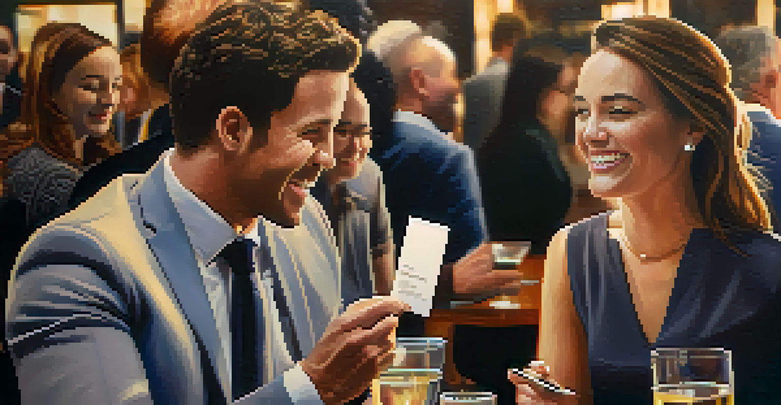 Two professionals exchanging business cards at a networking event, with people mingling in a warm and inviting atmosphere.