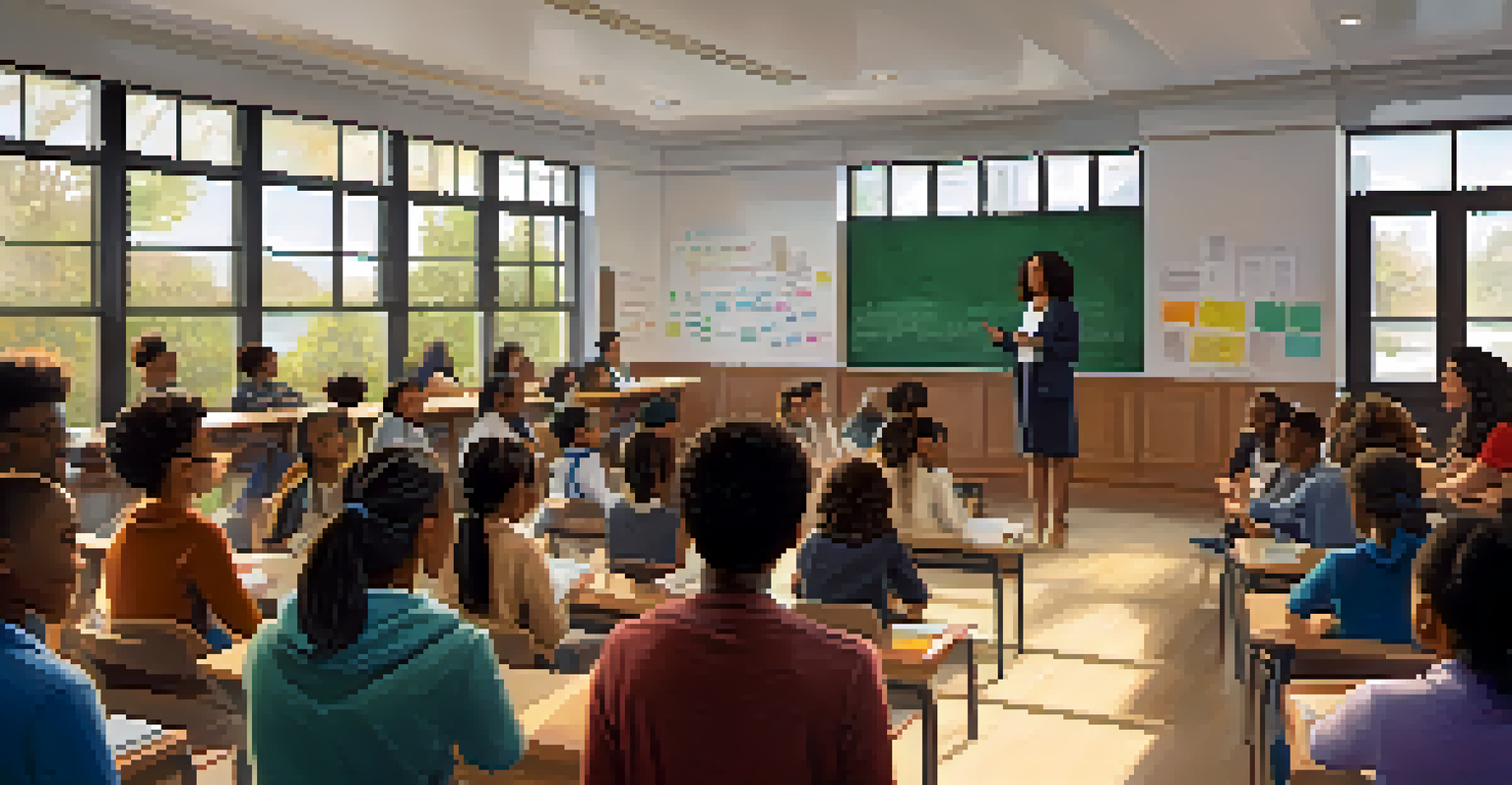 A professor teaching a diverse classroom with students of various ethnicities actively participating.