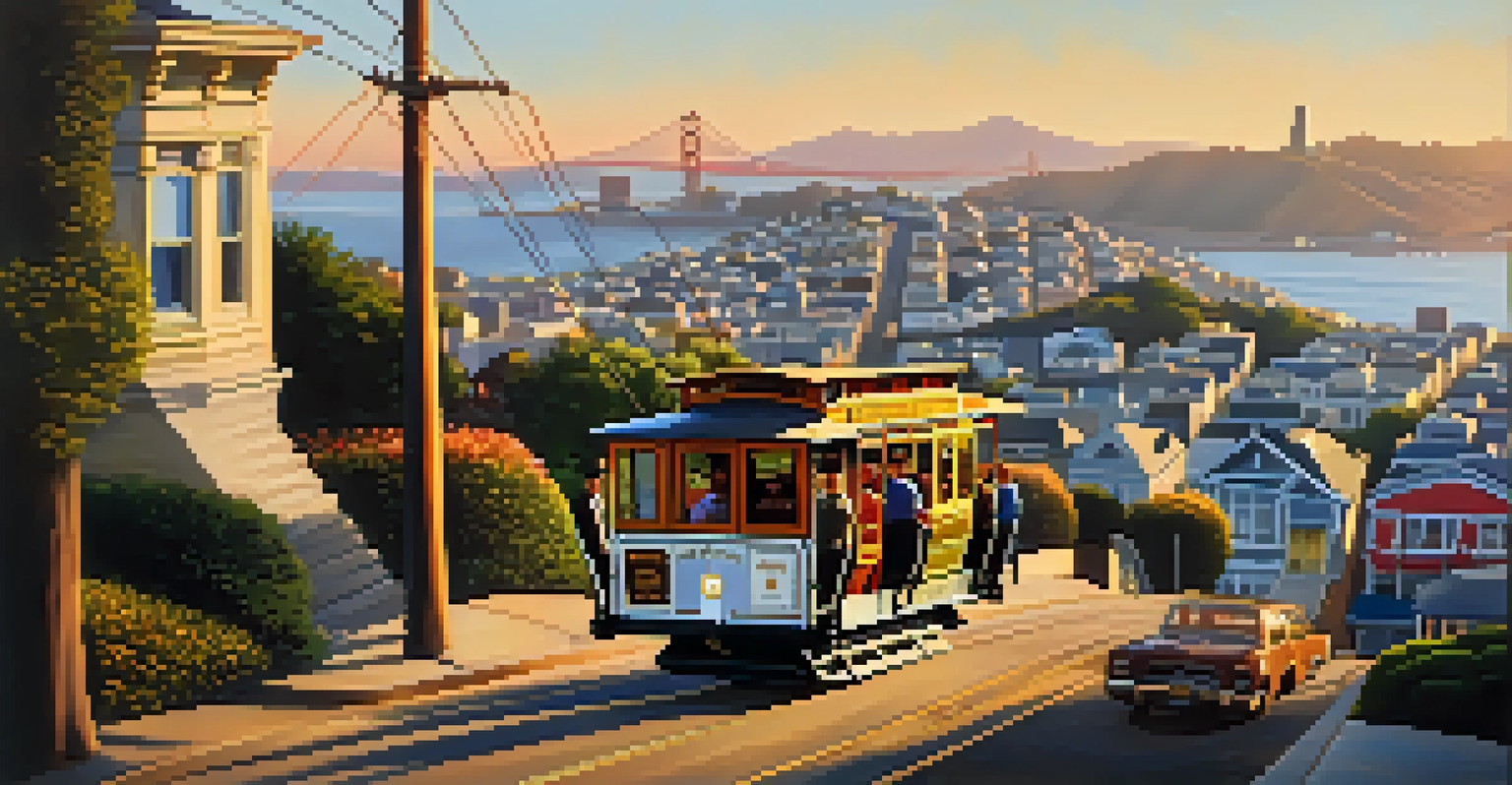 An iconic cable car climbing a hill in San Francisco, with happy passengers and colorful Victorian houses under a warm sunset.