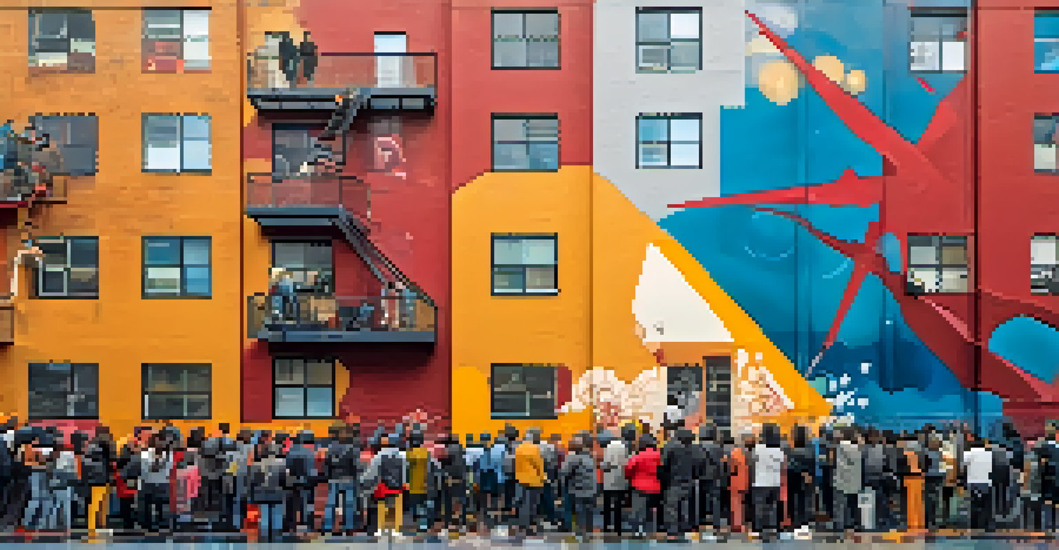 An artist working on a social justice mural with vibrant colors in the Mission District, while community members watch.