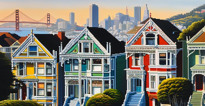 A view of colorful Victorian houses in San Francisco with the Golden Gate Bridge in the background, bathed in warm morning light.