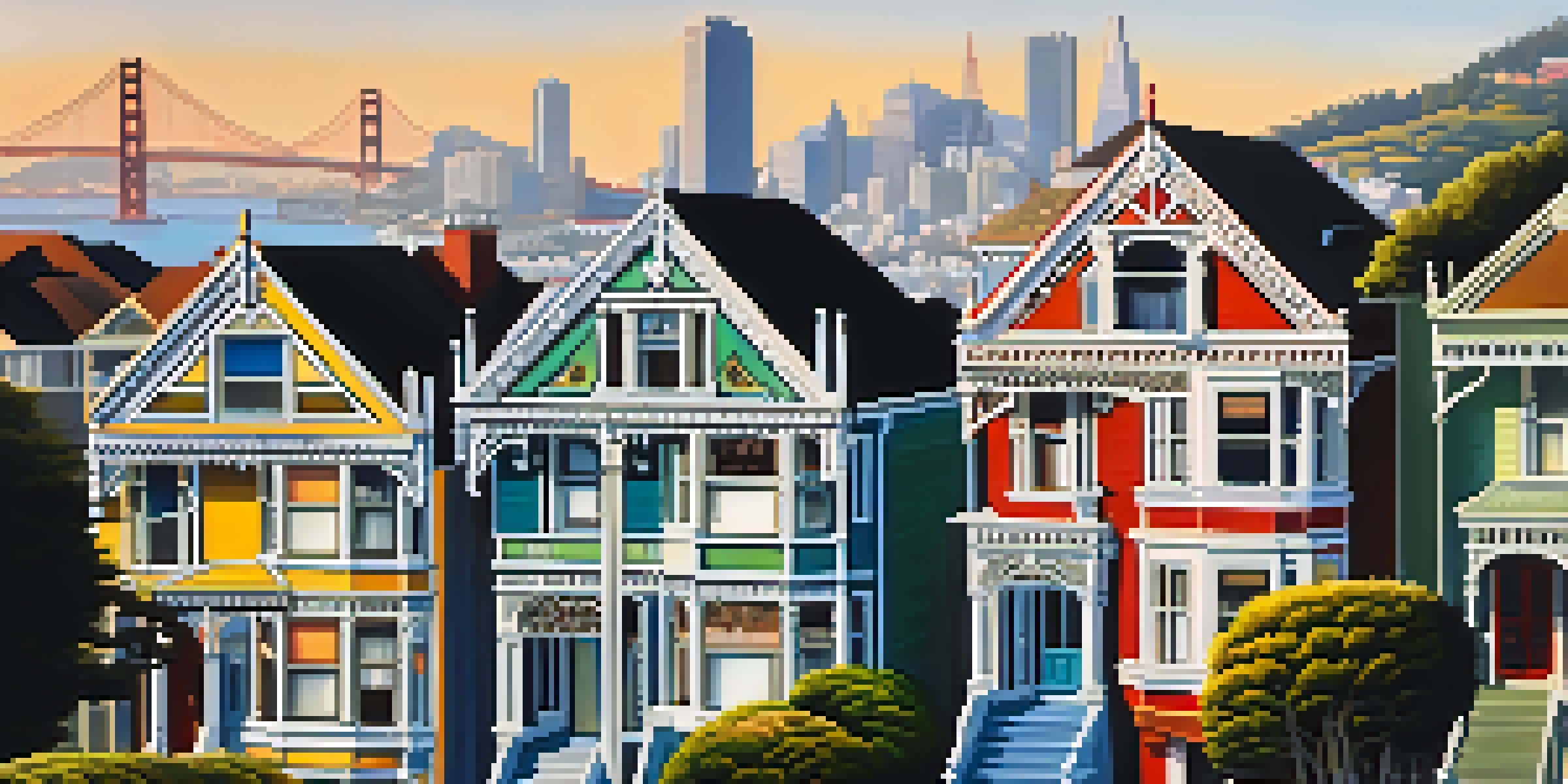 A view of colorful Victorian houses in San Francisco with the Golden Gate Bridge in the background, bathed in warm morning light.
