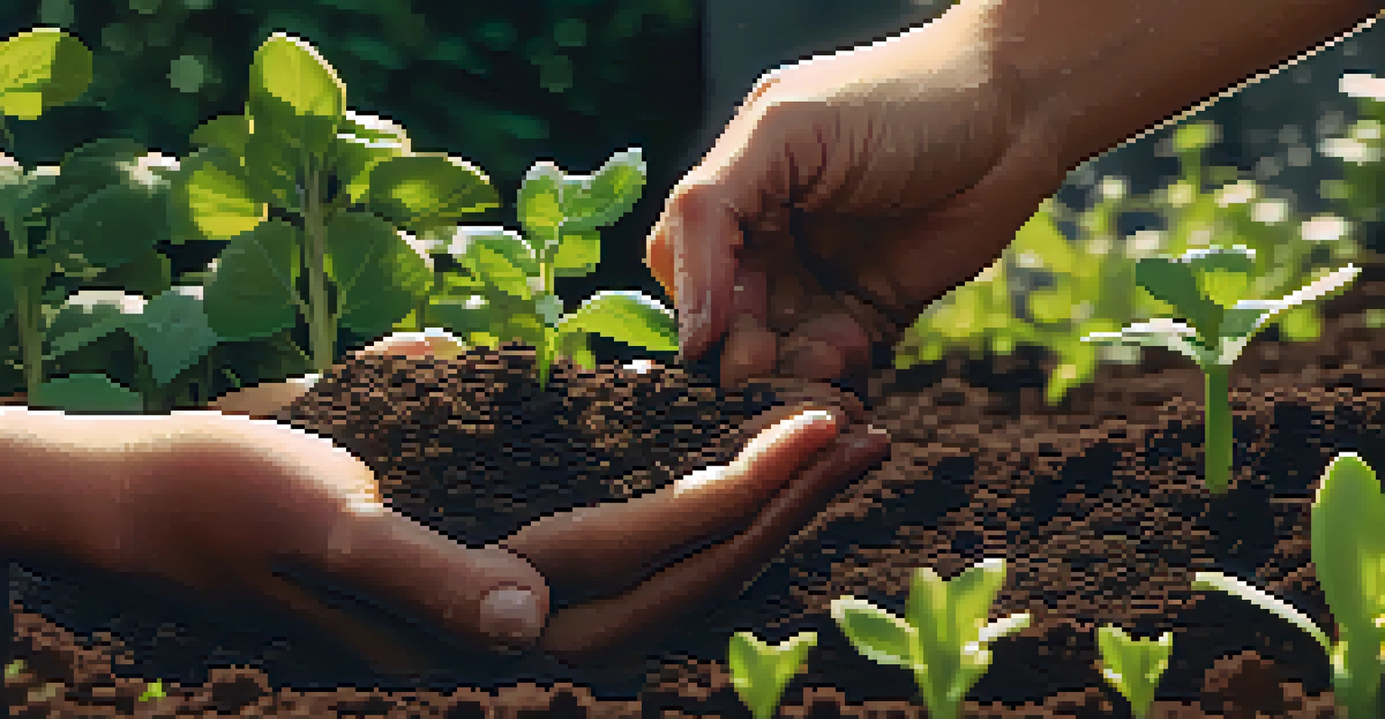 Close-up of hands planting seeds in dark soil in a community garden, with green seedlings in the background.