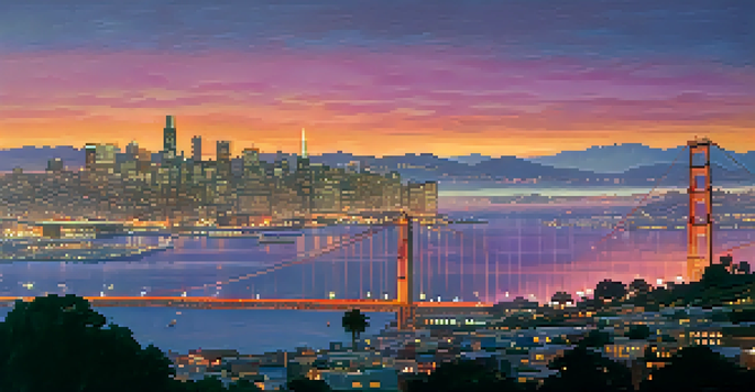 A scenic sunset view of San Francisco with the Golden Gate Bridge and a colorful sky.