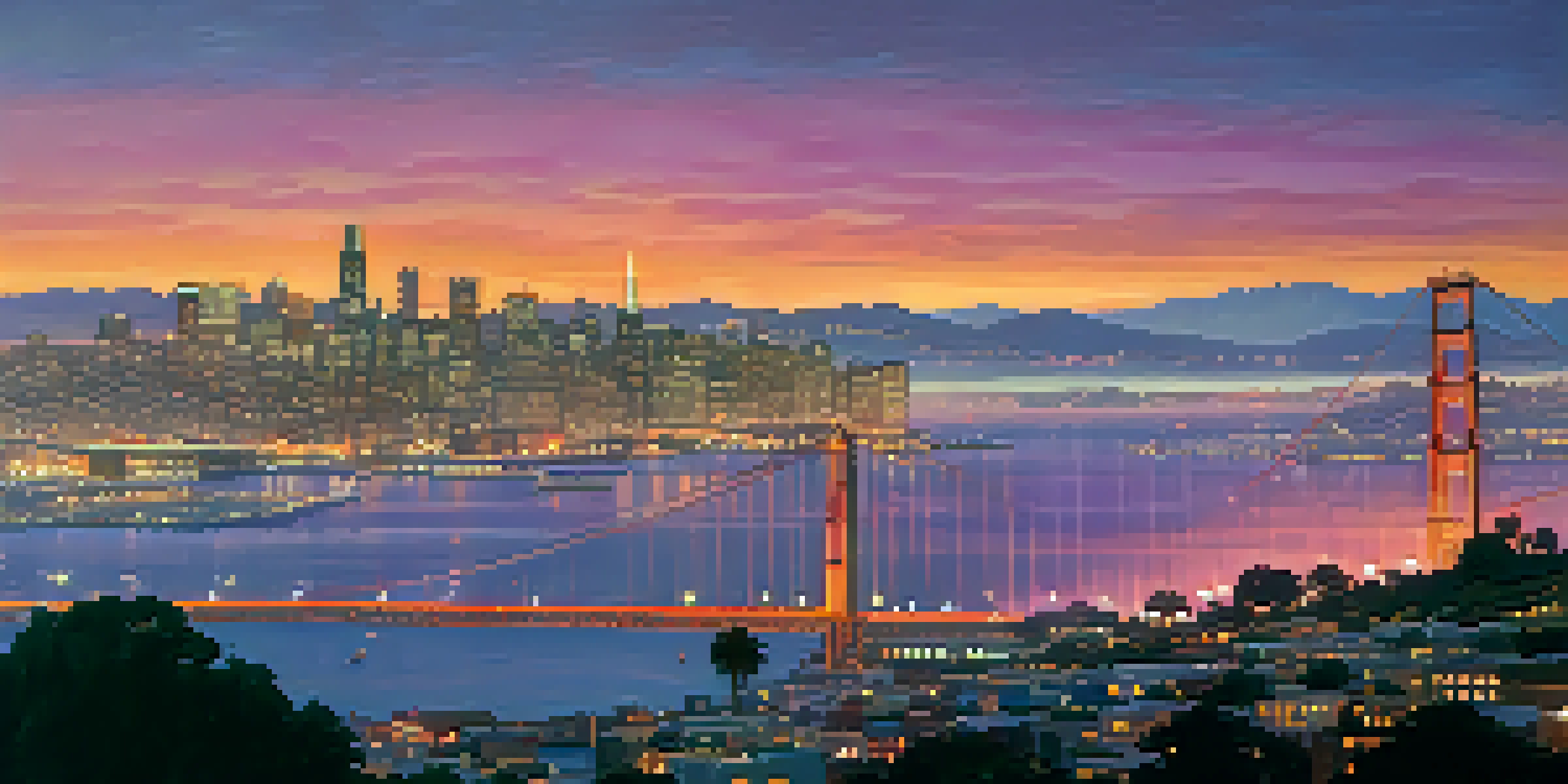 A scenic sunset view of San Francisco with the Golden Gate Bridge and a colorful sky.