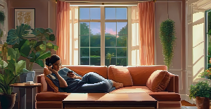 A person sitting on a couch talking on the phone, surrounded by a comforting and warm living room ambiance.