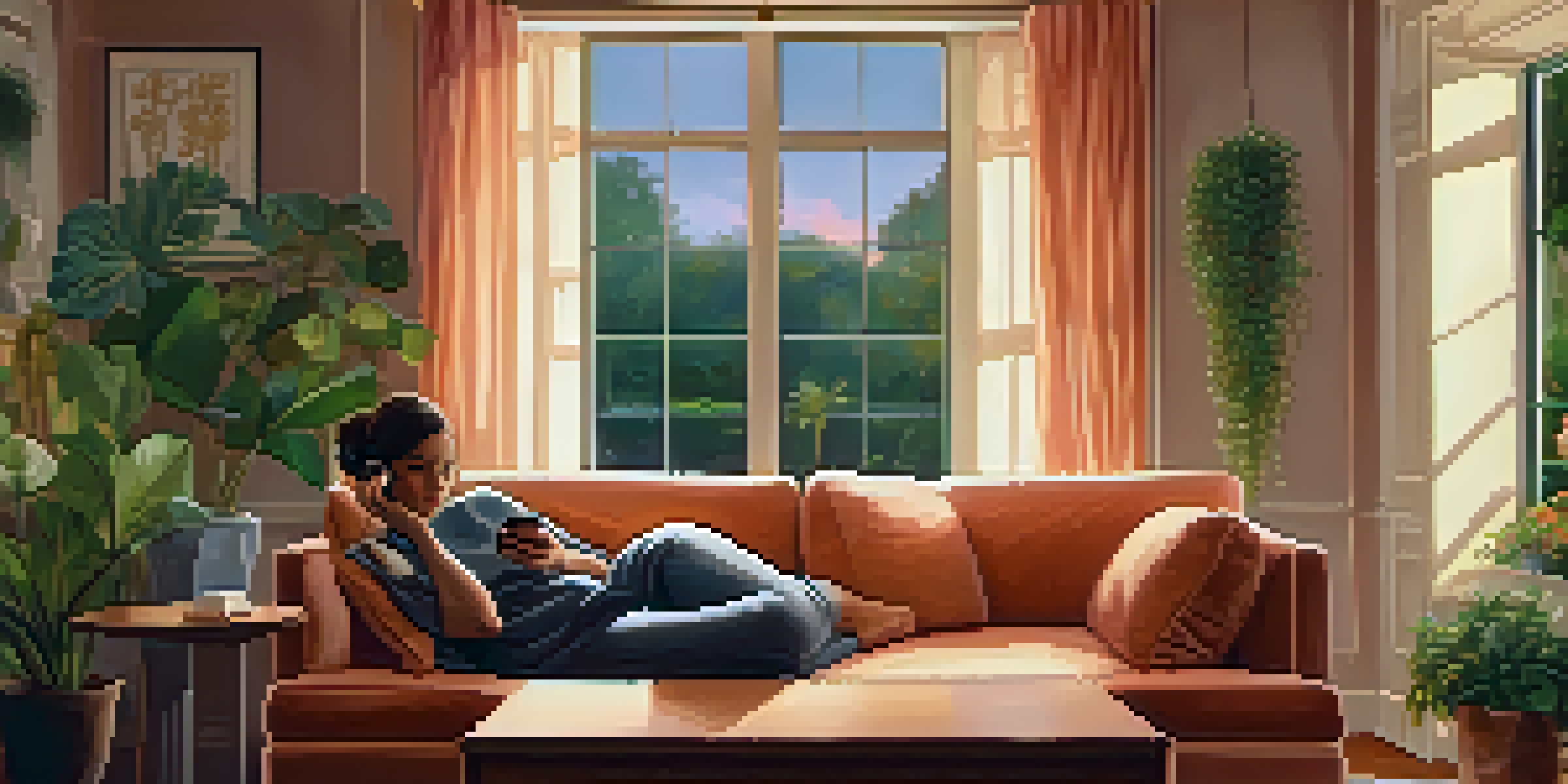 A person sitting on a couch talking on the phone, surrounded by a comforting and warm living room ambiance.