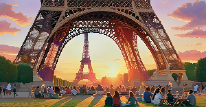 The Eiffel Tower at sunset, surrounded by people having a picnic in the park, with a colorful sky.