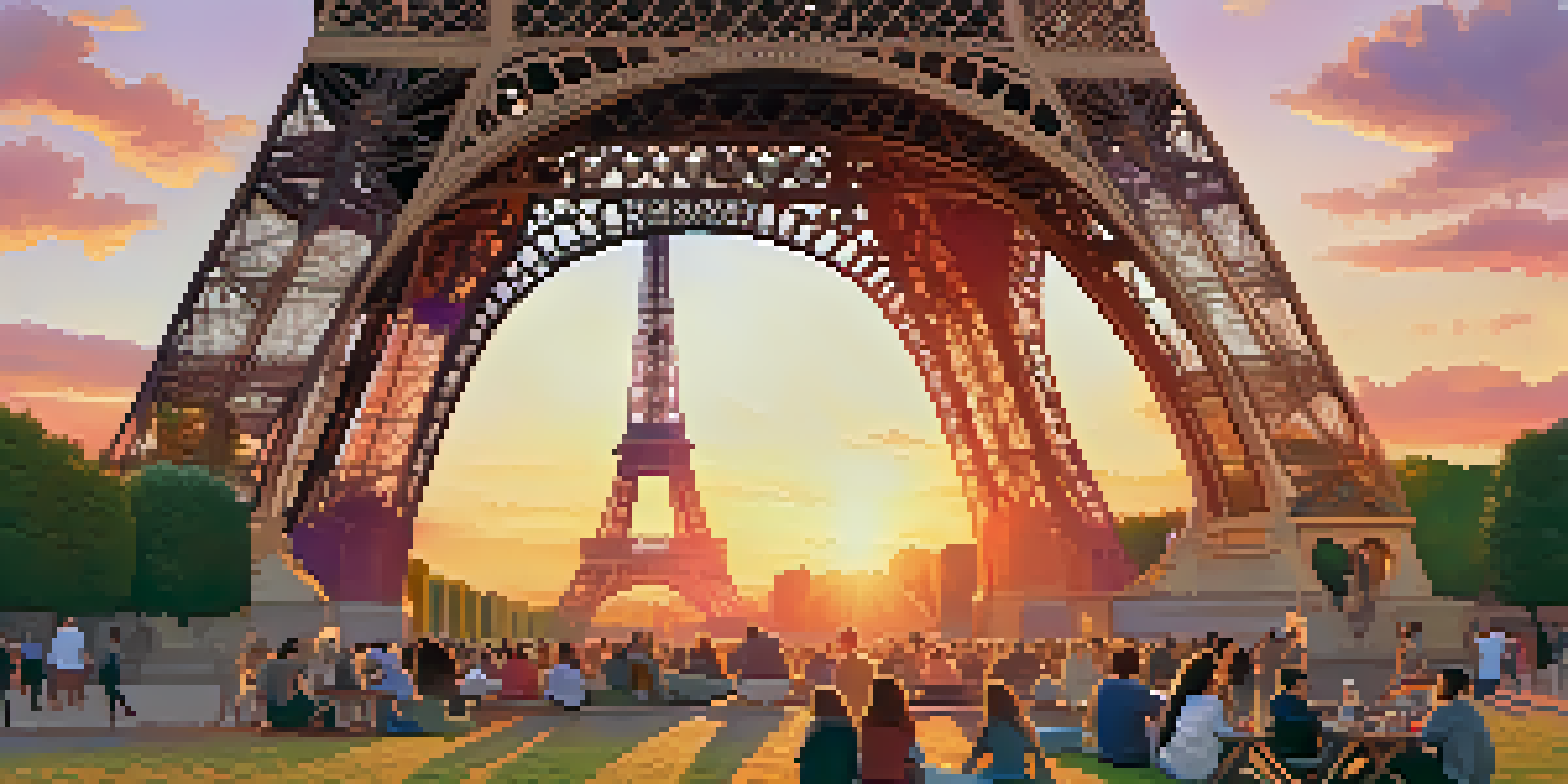 The Eiffel Tower at sunset, surrounded by people having a picnic in the park, with a colorful sky.