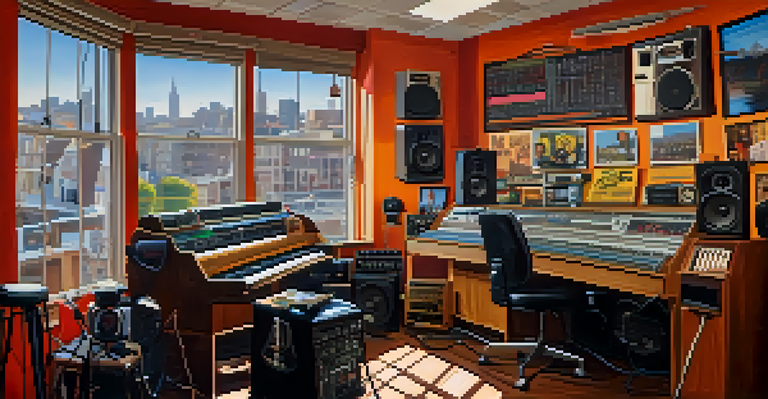 A vibrant radio station studio in San Francisco with a host speaking into a microphone, surrounded by colorful musician posters and sound equipment.