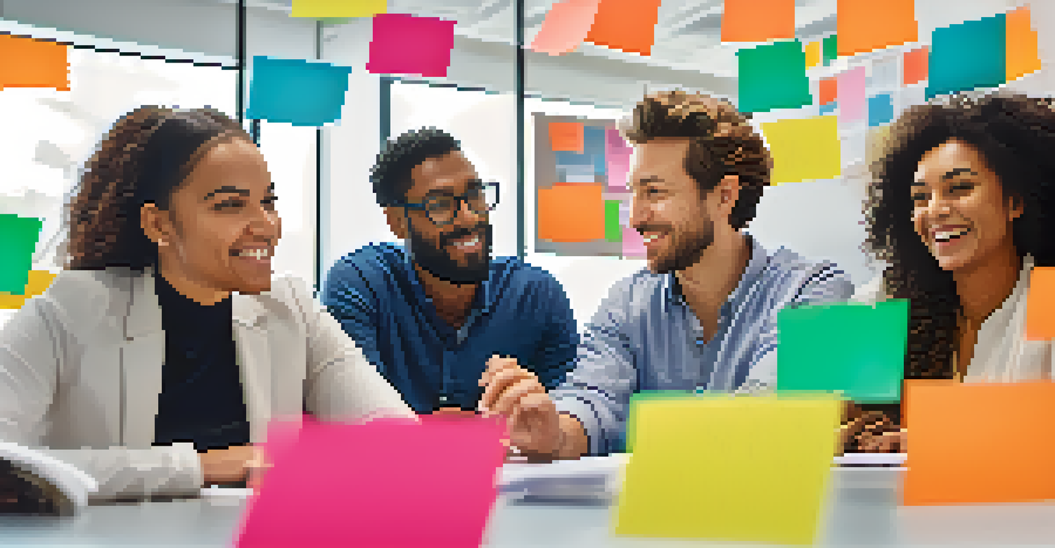 A diverse group of employees engaged in a brainstorming session in a modern conference room, exchanging ideas on sticky notes.