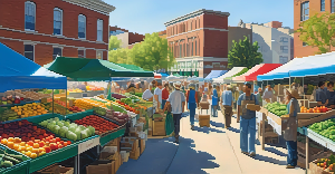 An urban farmers' market with colorful stalls and diverse shoppers under a blue sky, promoting food safety.