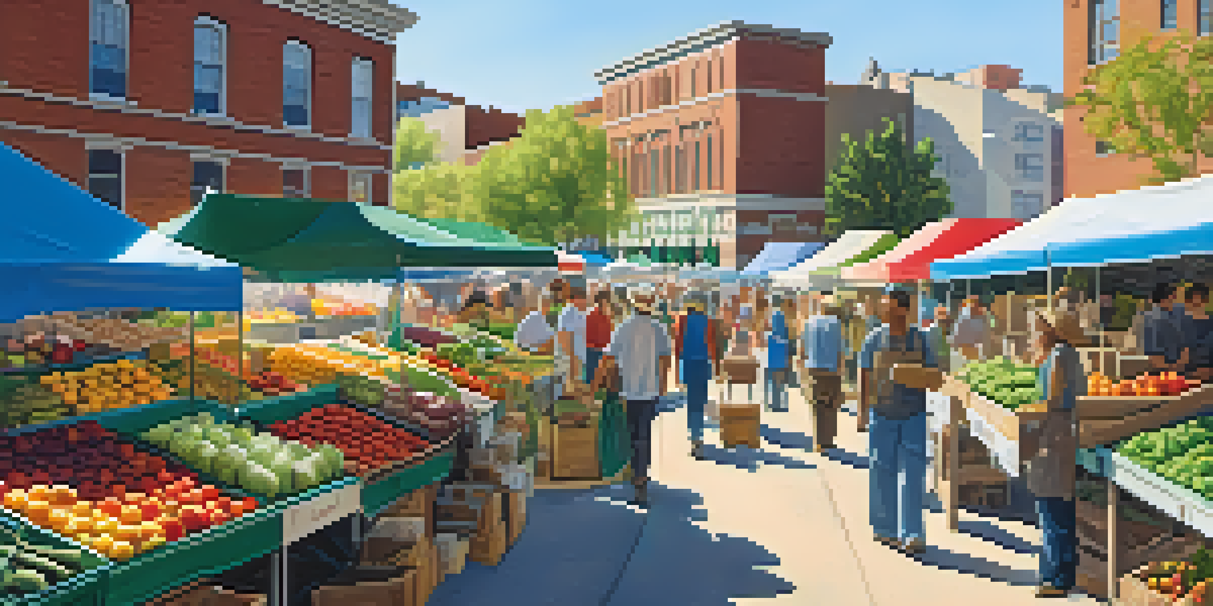 An urban farmers' market with colorful stalls and diverse shoppers under a blue sky, promoting food safety.