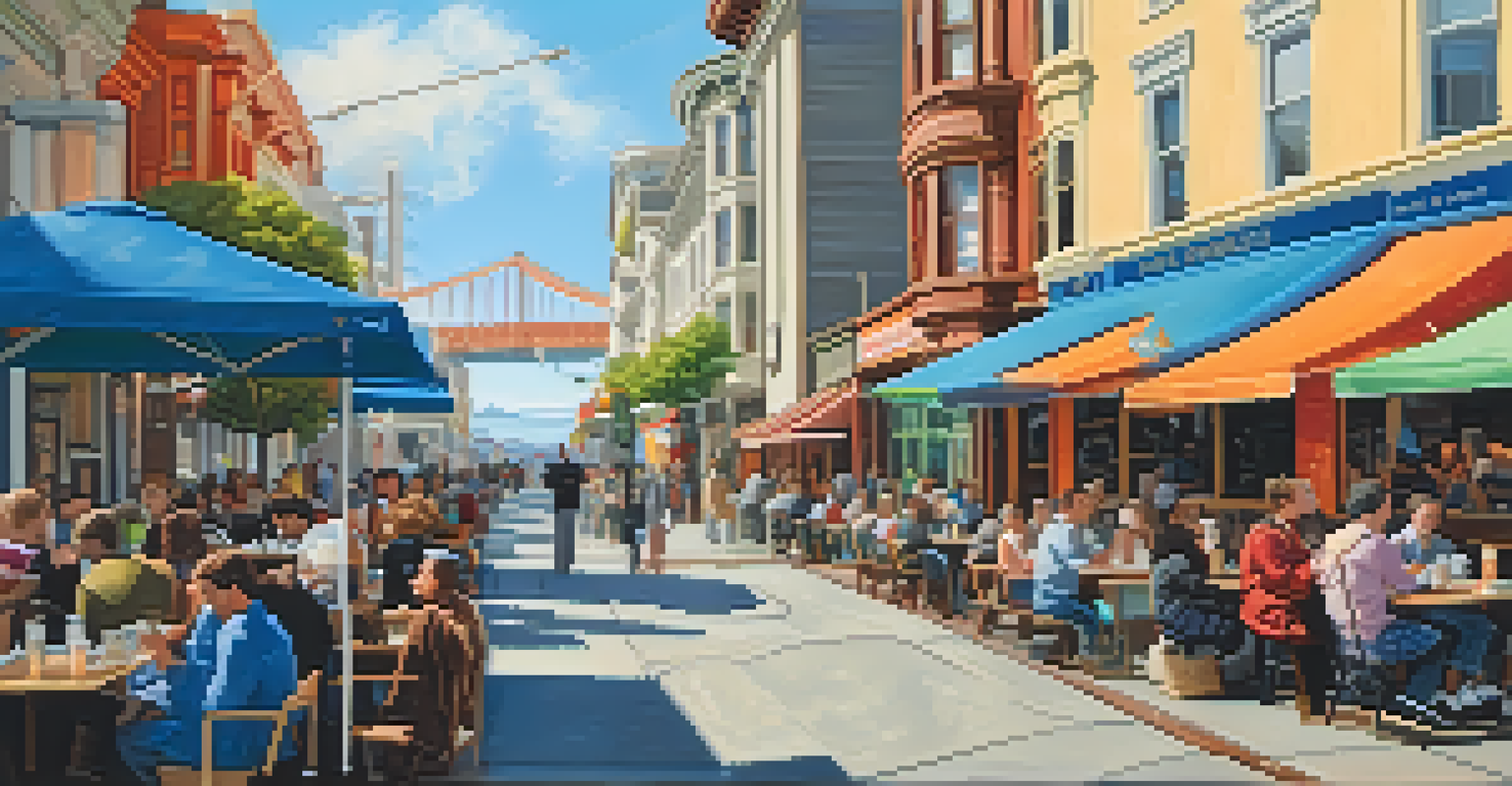 Outdoor view of a lively San Francisco street with cafes and people enjoying coffee.