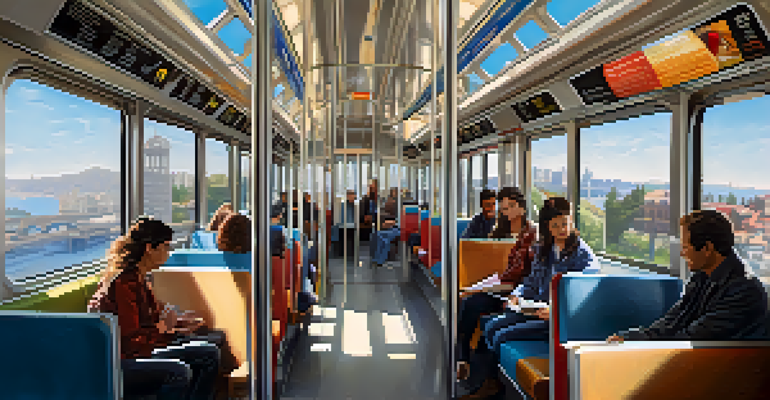 Inside a Muni light rail train with diverse passengers, modern seats, and sunlight streaming through large windows revealing scenic views.