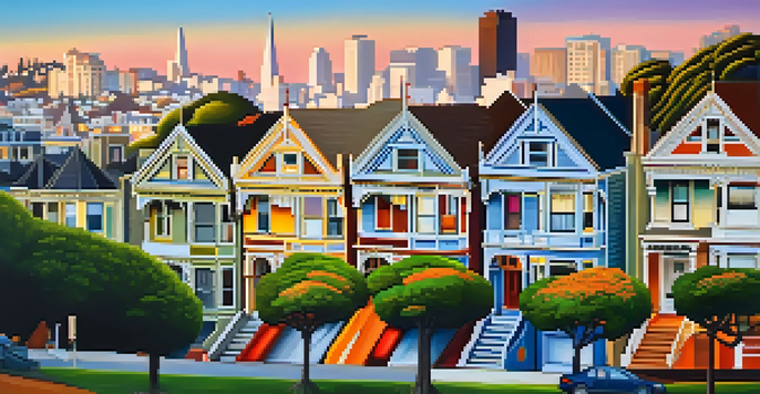 A picturesque view of the Painted Ladies in San Francisco at sunset, highlighting their colorful Victorian design and surrounding park.