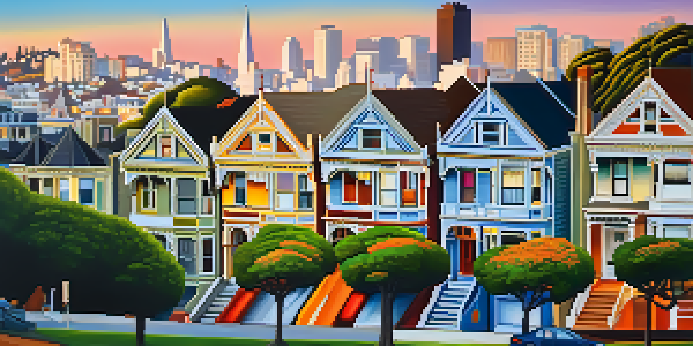 A picturesque view of the Painted Ladies in San Francisco at sunset, highlighting their colorful Victorian design and surrounding park.