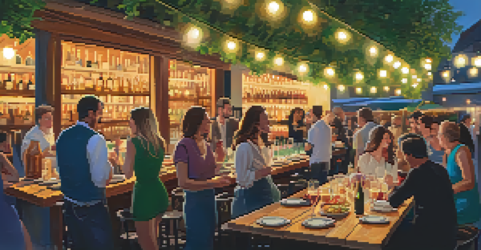 Outdoor wine bar with patrons mingling, colorful string lights, and tables with cheese and charcuterie.