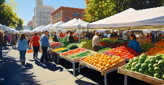A lively farmers' market in San Francisco filled with fresh produce and people interacting with vendors.