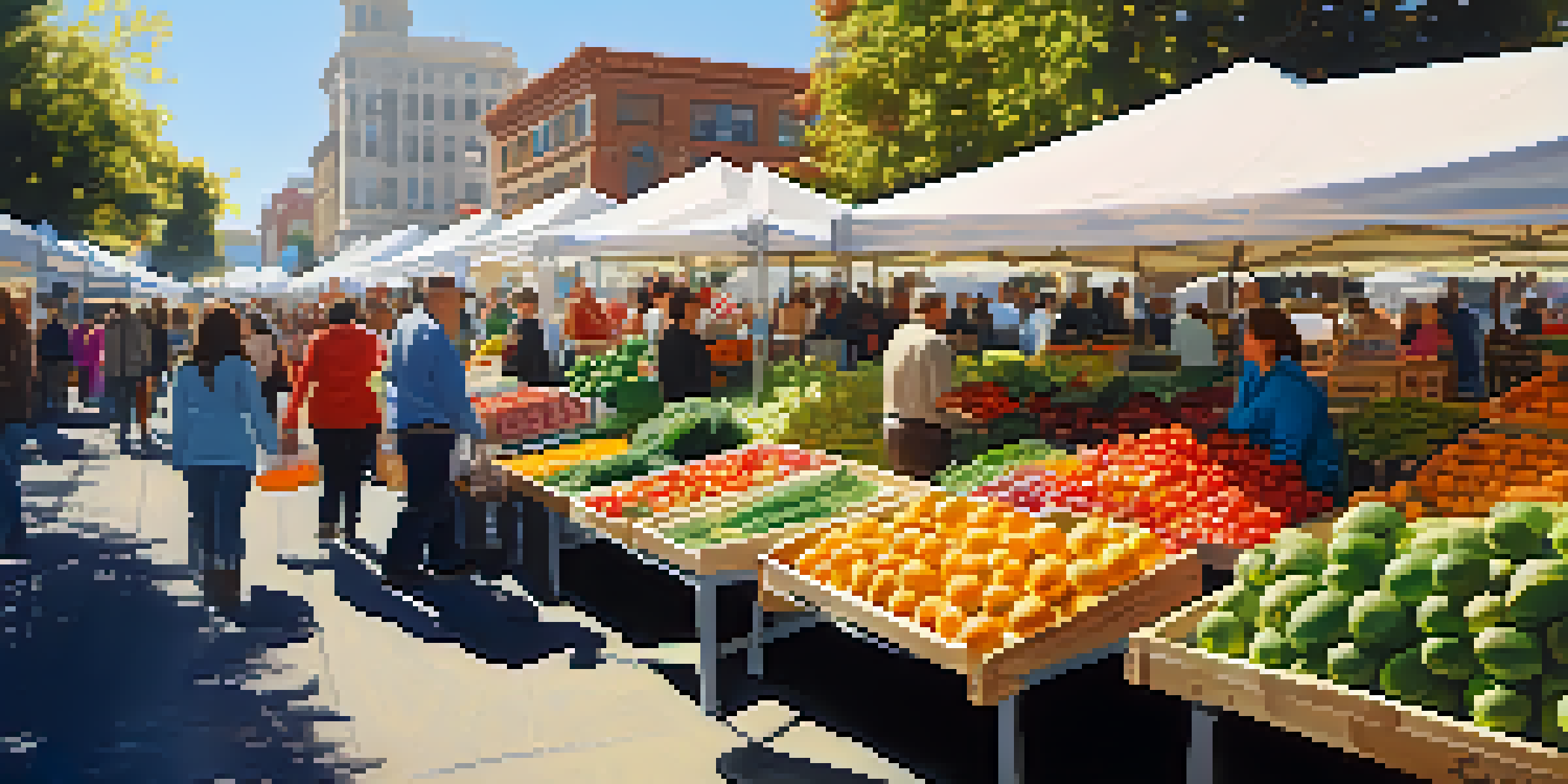 A lively farmers' market in San Francisco filled with fresh produce and people interacting with vendors.