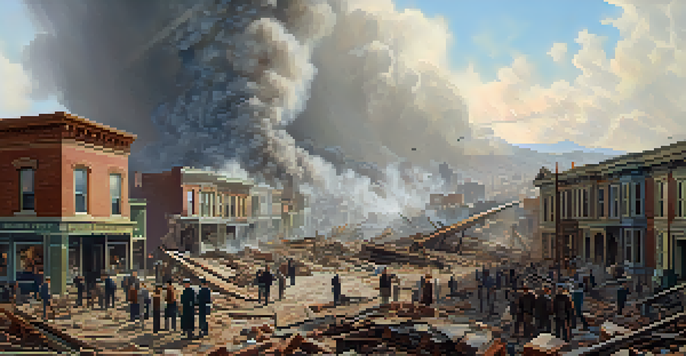 A scene depicting the aftermath of the 1906 San Francisco earthquake, featuring residents looking at the ruins of crumbled buildings under an overcast sky.