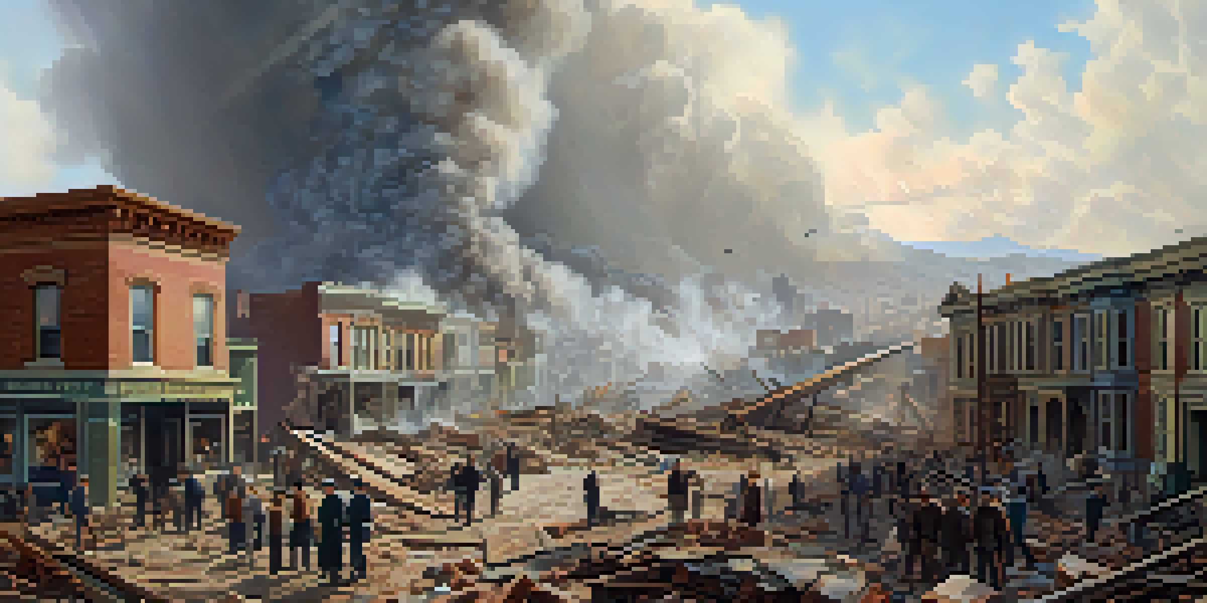 A scene depicting the aftermath of the 1906 San Francisco earthquake, featuring residents looking at the ruins of crumbled buildings under an overcast sky.