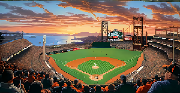 A lively baseball game at Oracle Park with fans in team colors and the Golden Gate Bridge in the background during sunset.