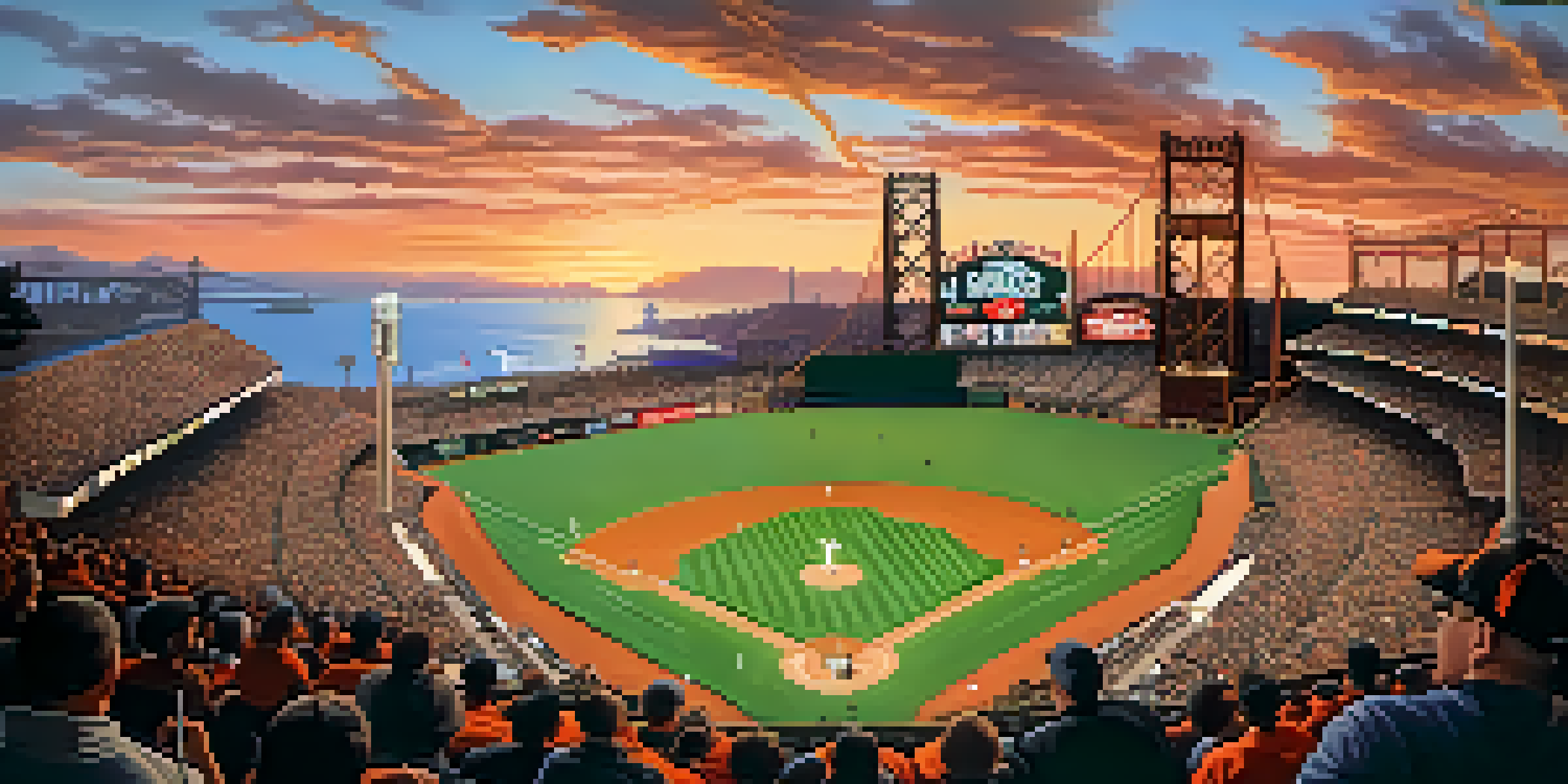 A lively baseball game at Oracle Park with fans in team colors and the Golden Gate Bridge in the background during sunset.
