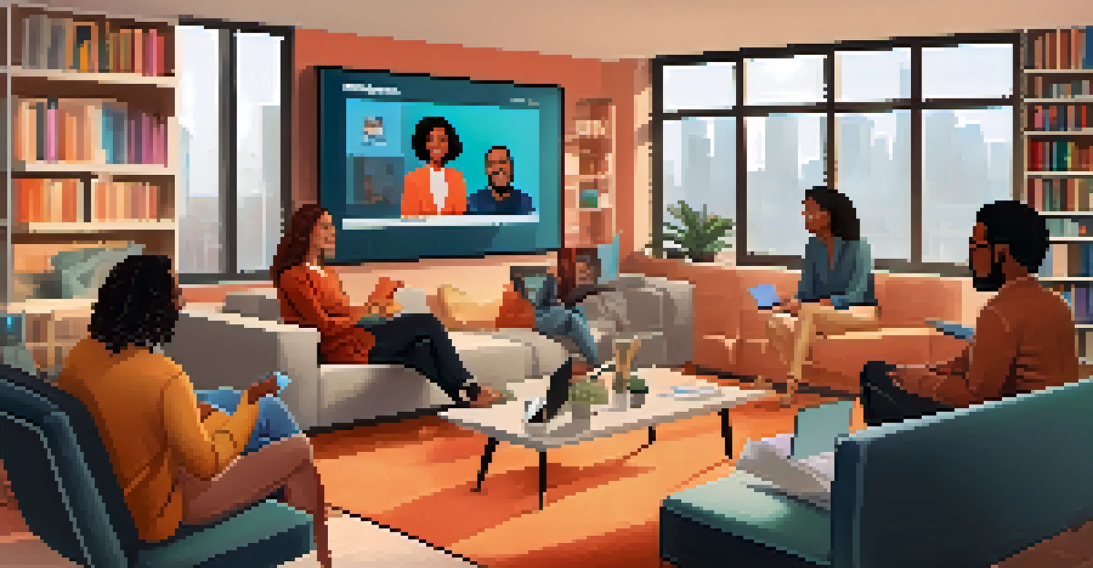 A diverse team of professionals engaged in a video call, surrounded by bookshelves and colorful decor.
