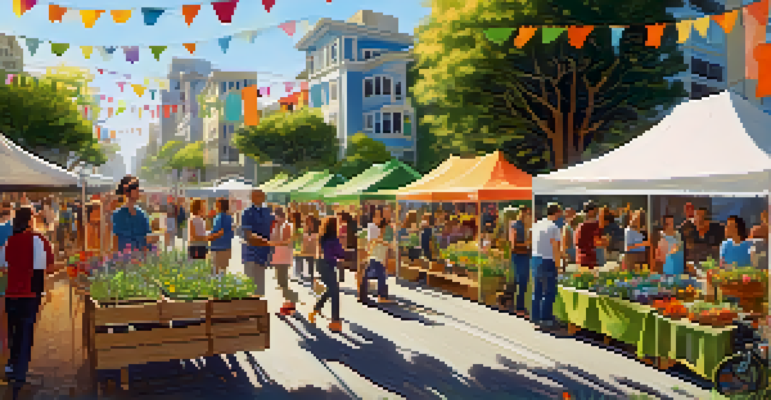 A lively outdoor community event in San Francisco focused on eco-friendly living, featuring residents engaging with booths and children planting flowers.