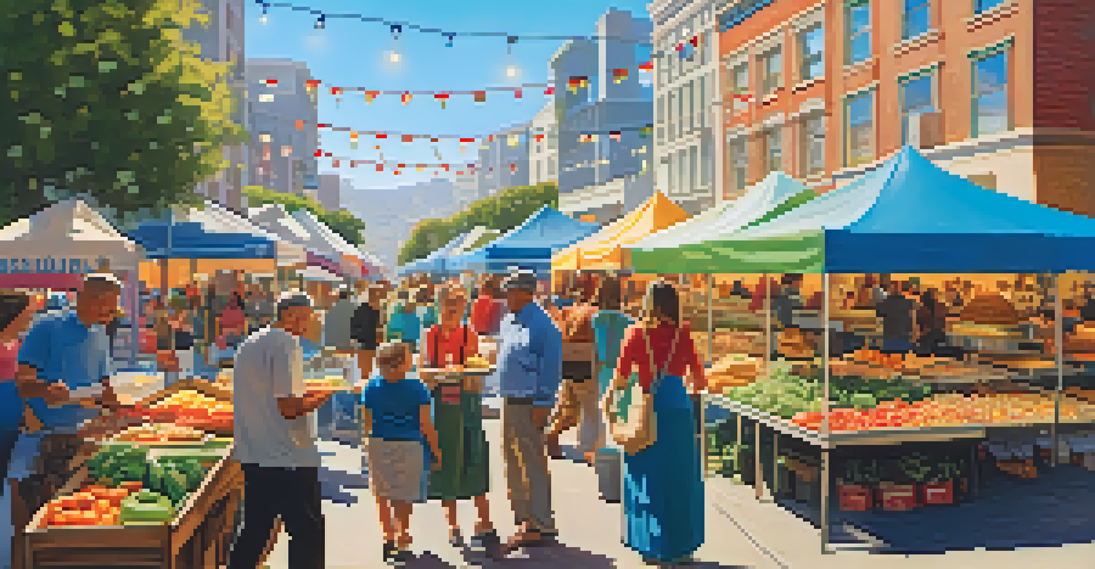 A lively farmer's market in San Francisco showcasing fresh produce and diverse food stalls, with people enjoying the vibrant atmosphere.