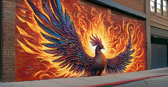 A colorful mural of a phoenix on a brick wall with people admiring it.