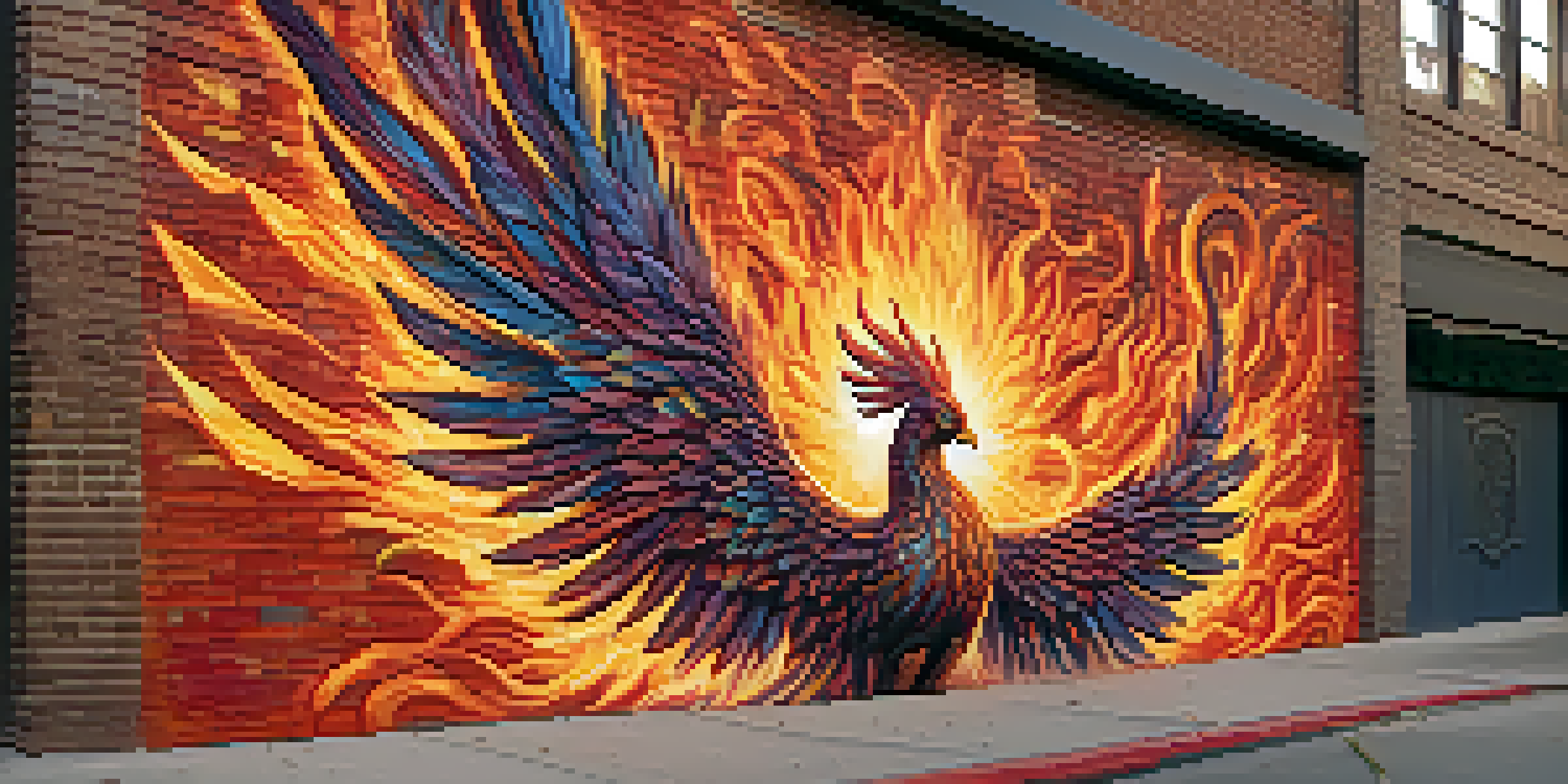 A colorful mural of a phoenix on a brick wall with people admiring it.