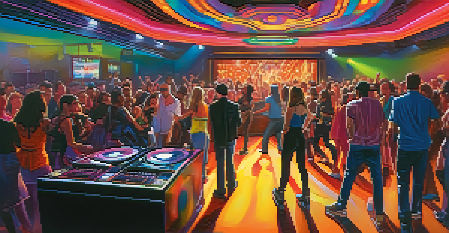 Interior view of a trendy San Francisco nightclub with a DJ booth and a dancing crowd under colorful lights.