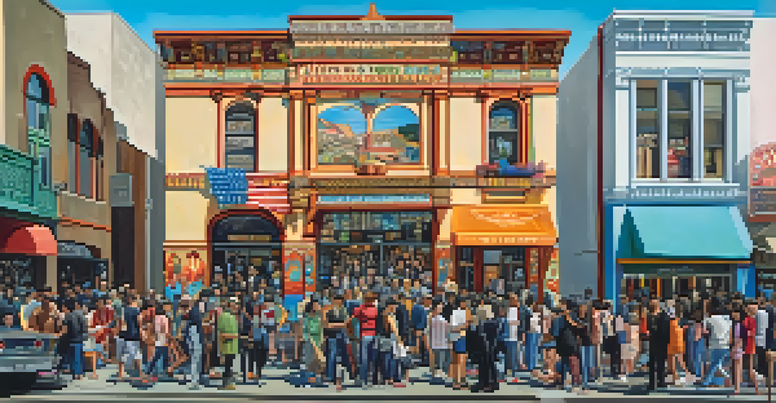 A lively street scene with people taking pictures in front of a mural advocating for immigrant inclusion in the Mission District.