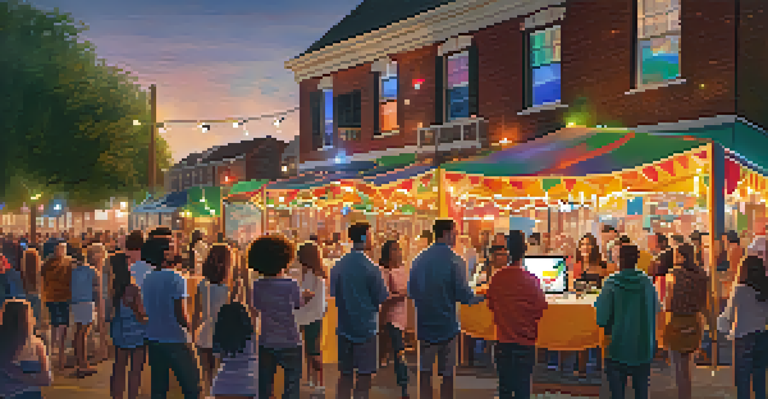 A festive neighborhood event with people gathered around a screen sharing social media posts, surrounded by colorful decorations.