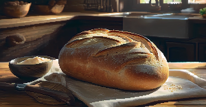 A close-up of a freshly baked sourdough bread loaf with a golden-brown crust, partially torn open to show its soft interior, placed on a rustic wooden table.