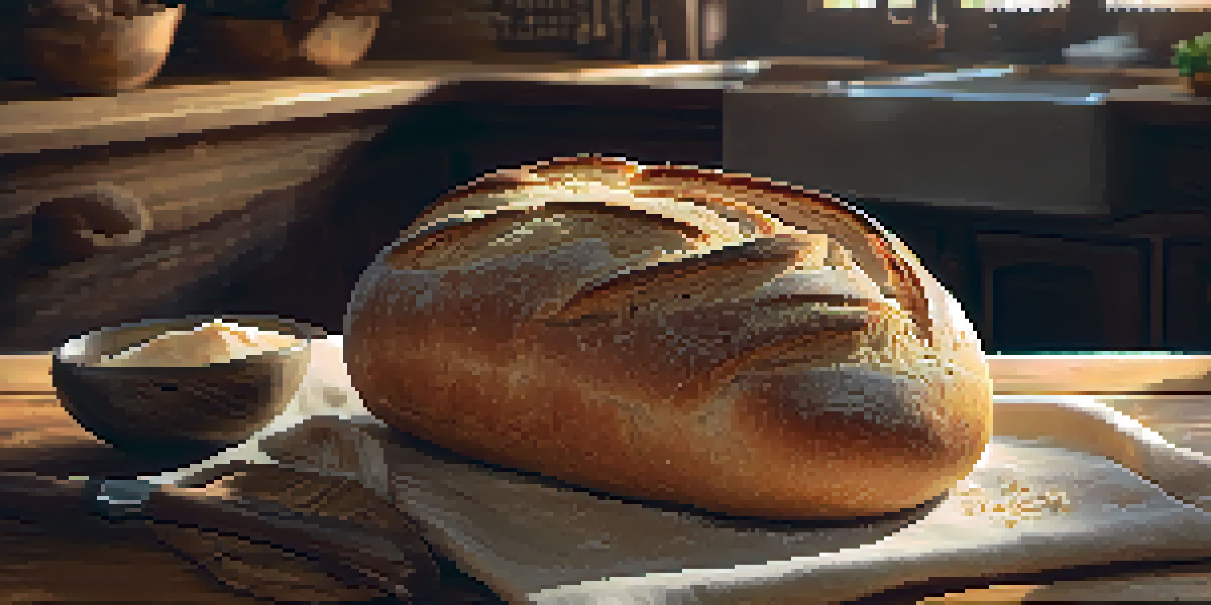 A close-up of a freshly baked sourdough bread loaf with a golden-brown crust, partially torn open to show its soft interior, placed on a rustic wooden table.