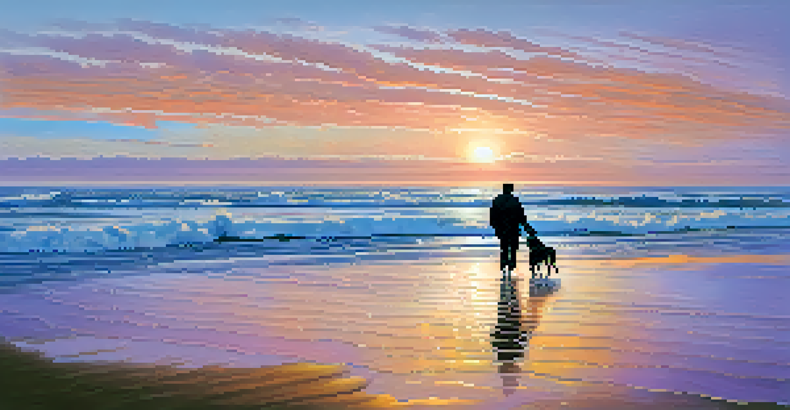 A vibrant sunset at Ocean Beach with a dog playing in the waves and a colorful sky overhead.