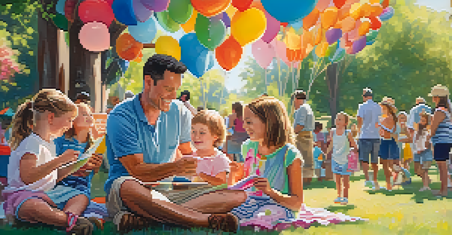 A family participating in the Pride Festival, with children enjoying arts and crafts amidst colorful decorations and a sunny atmosphere.