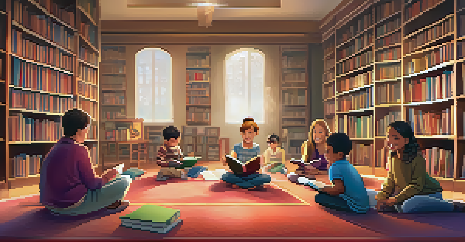Families enjoying a literacy night at the library, reading together on a carpet with a cozy atmosphere.
