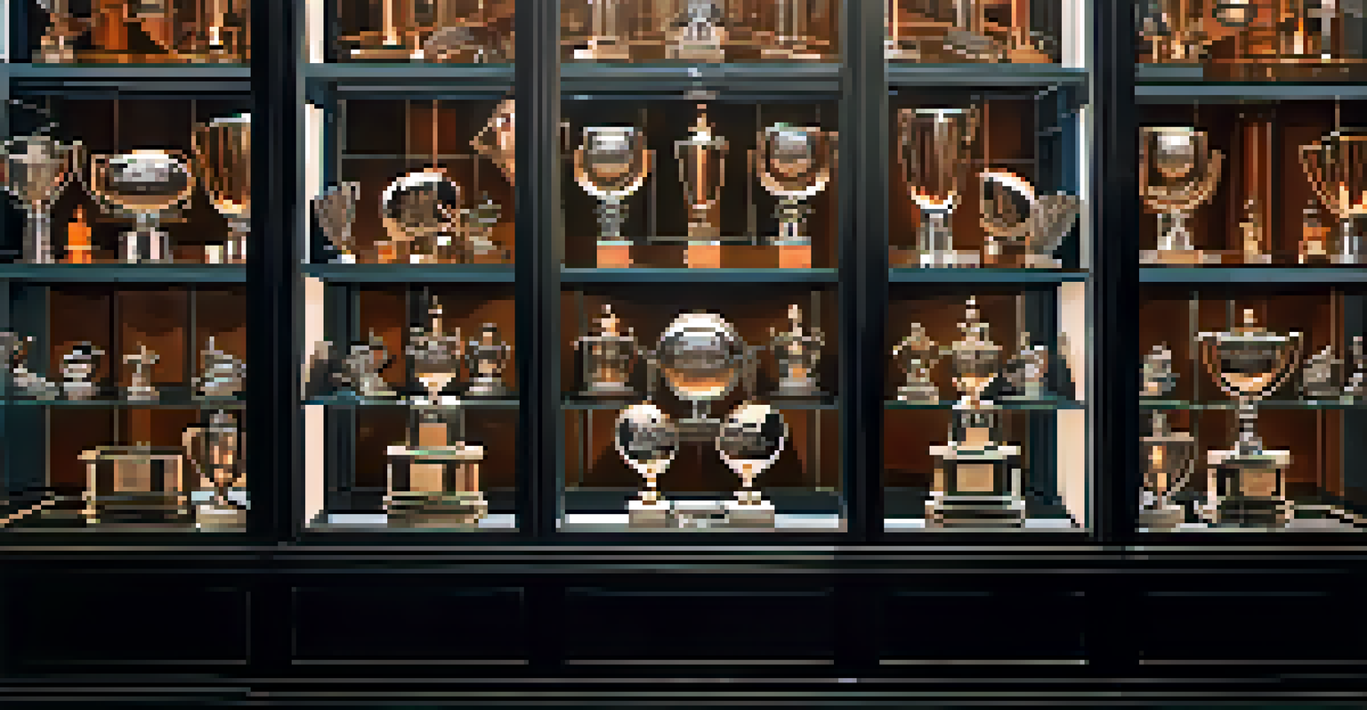 Championship trophies of the San Francisco Giants displayed in a glass case, with reflections of celebrating fans in the background.