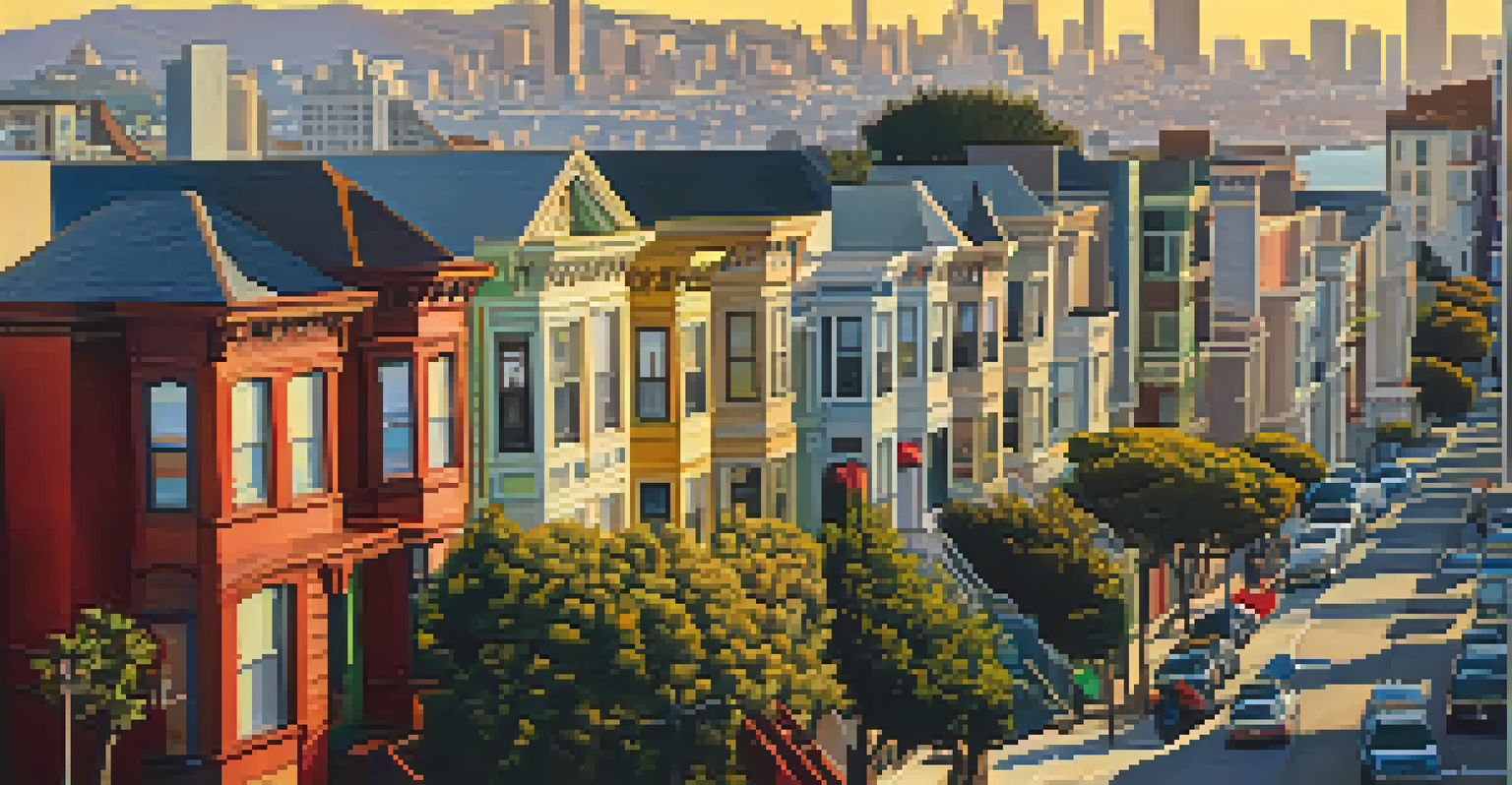 An aerial view of a San Francisco neighborhood showcasing old homes and new buildings, with vibrant street life during sunset.